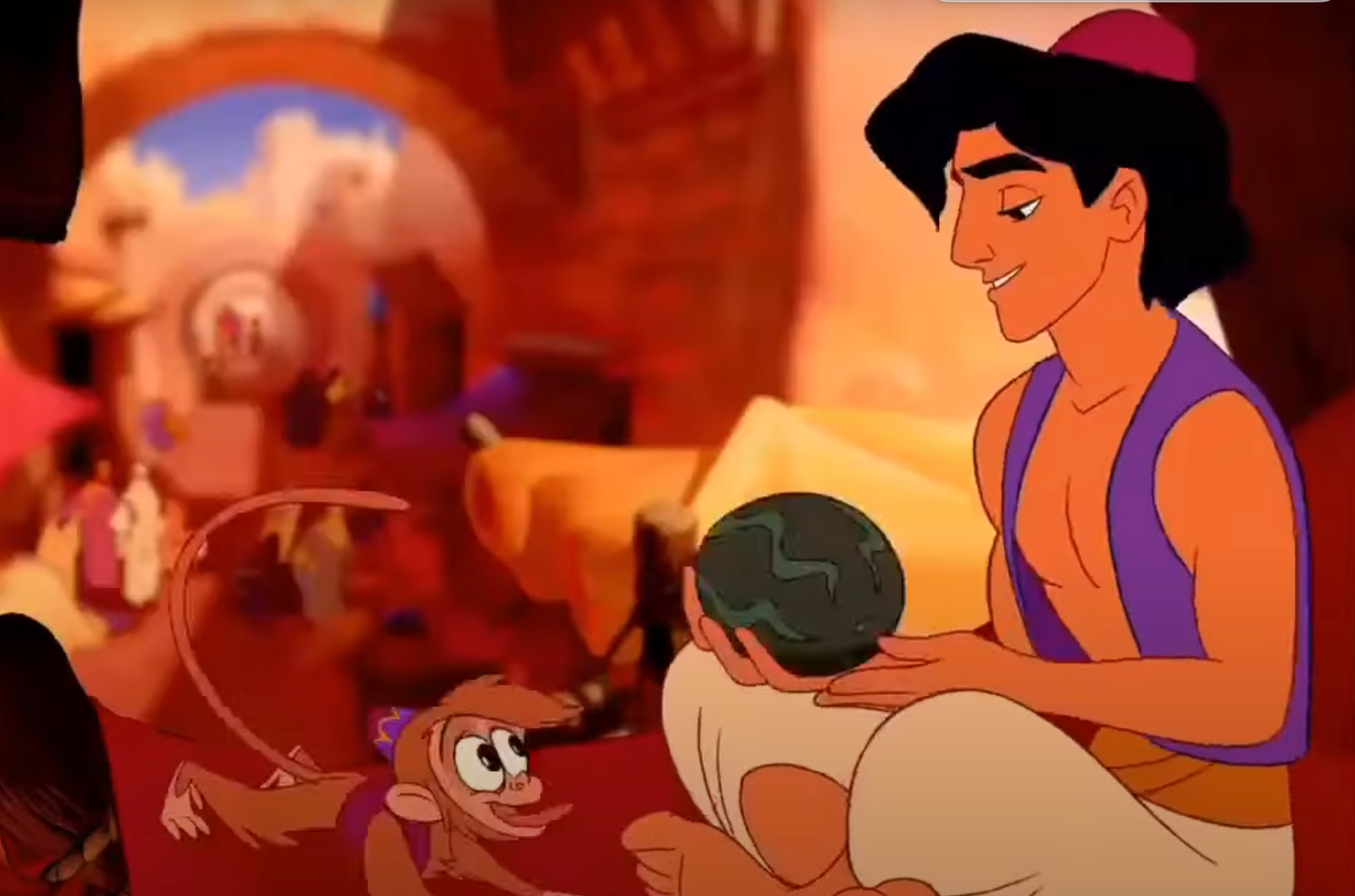 Animated Aladdin in a vest holds a melon with Abu in a lively marketplace scene