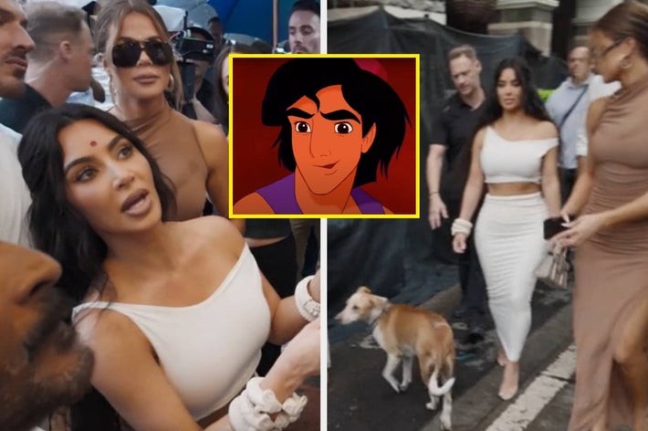 Celebrities in fitted outfits walking with a dog. Center inset shows an animated character. Crowd surrounds them on the street