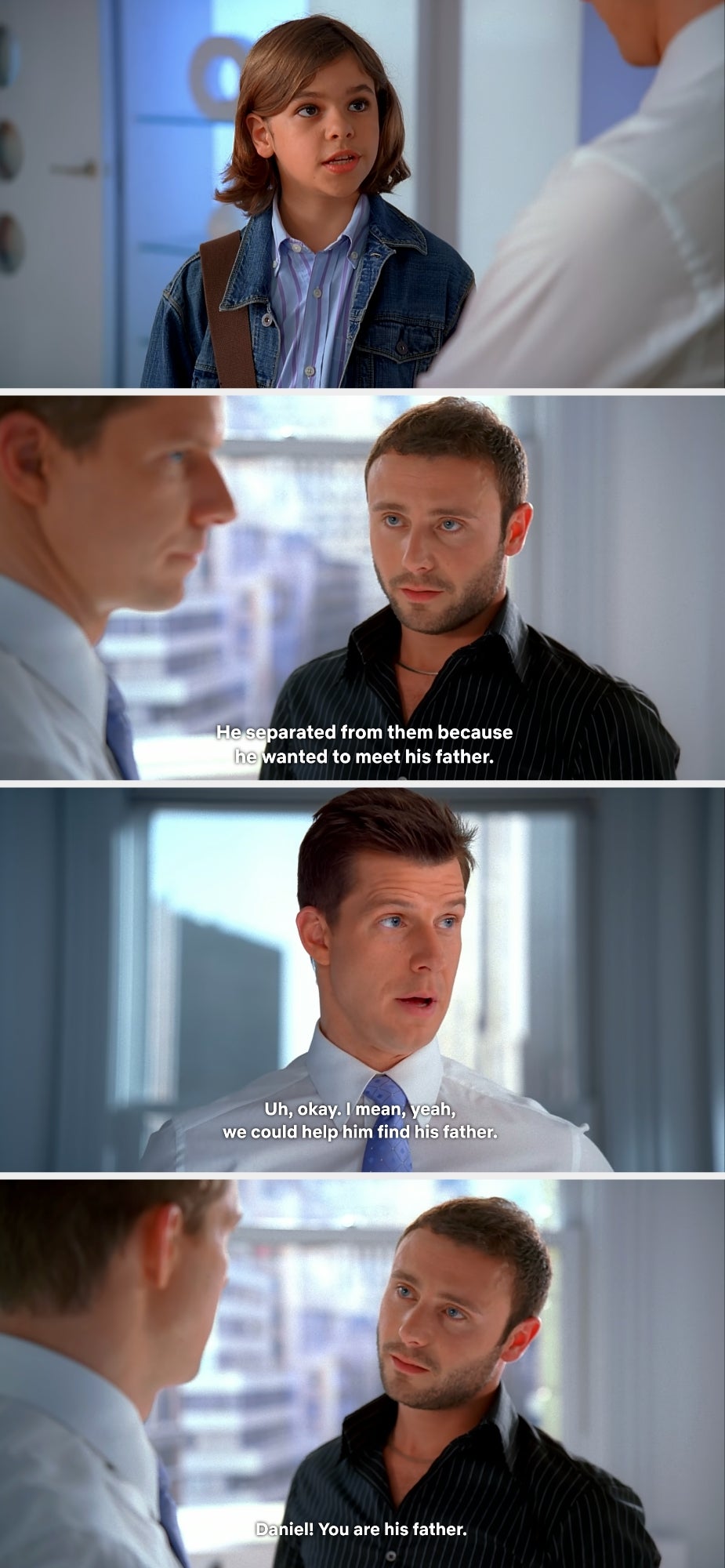The translator tells Daniel that the boy left his group to find his father and clarifies that Daniel is the father