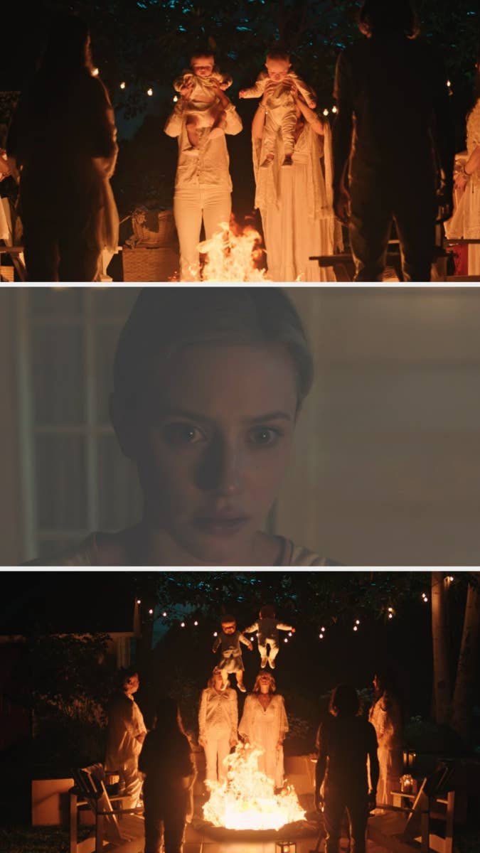 Betty Cooper watches a group of people in ritual robes, including her mom Alice and older sister Polly, gather around a fire. Alice and Polly hold Polly's babies above the fire, and when they let them go, the babies fly