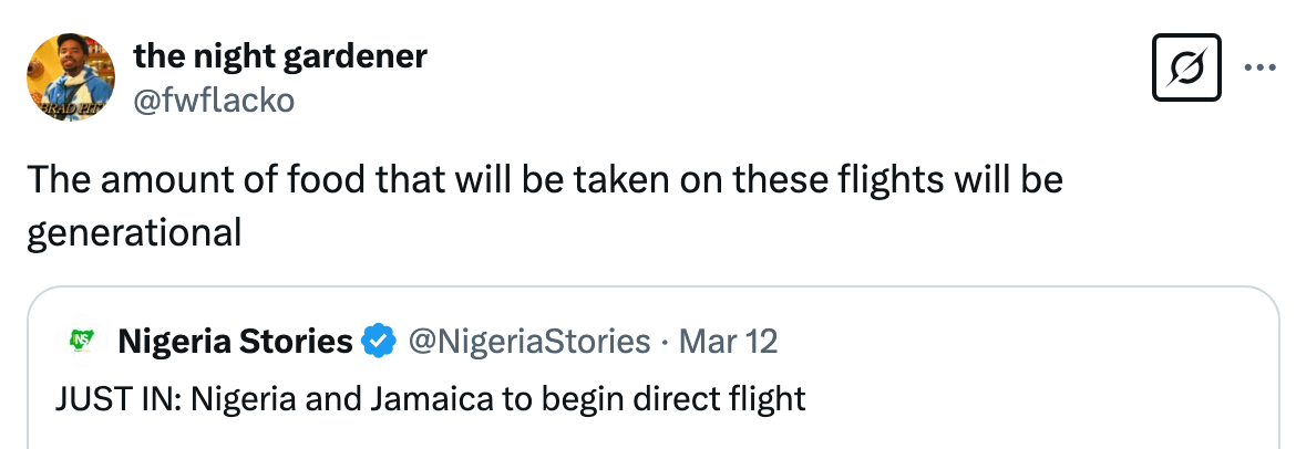 Tweet joking about large food quantities on future direct flights between Nigeria and Jamaica