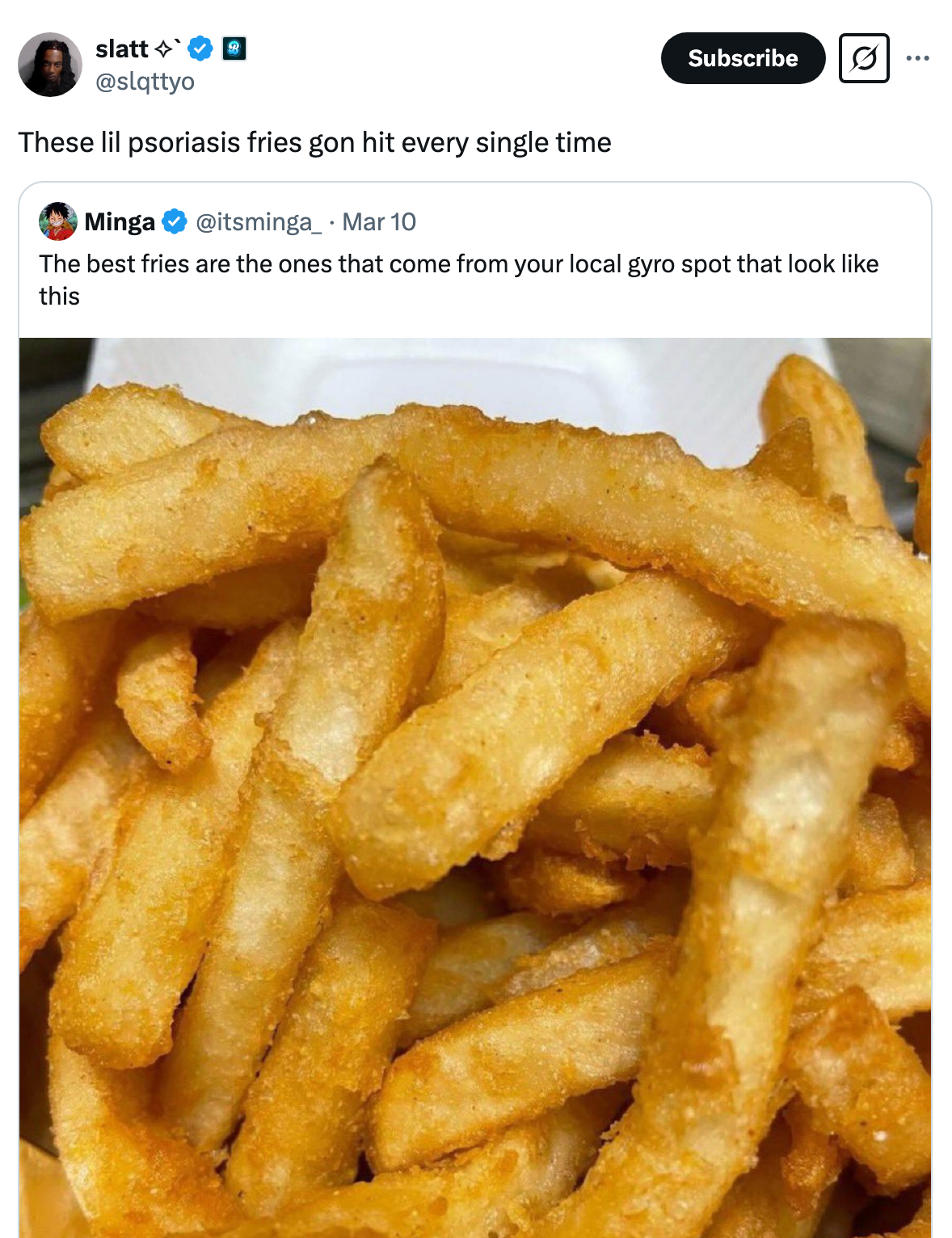 Close-up of crispy fries with Twitter posts above, discussing the appeal of certain fries and mentioning a local gyro spot