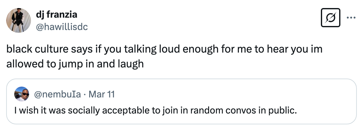 Tweet with a humorous take on joining loud public conversations, referencing cultural norms
