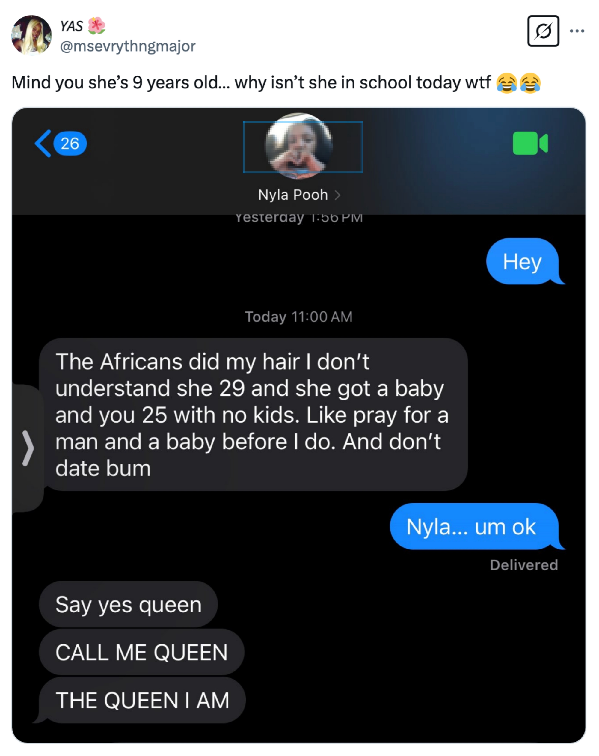 Screenshot of a humorous text exchange showing a cryptic response about age, life advice, and self-affirmation