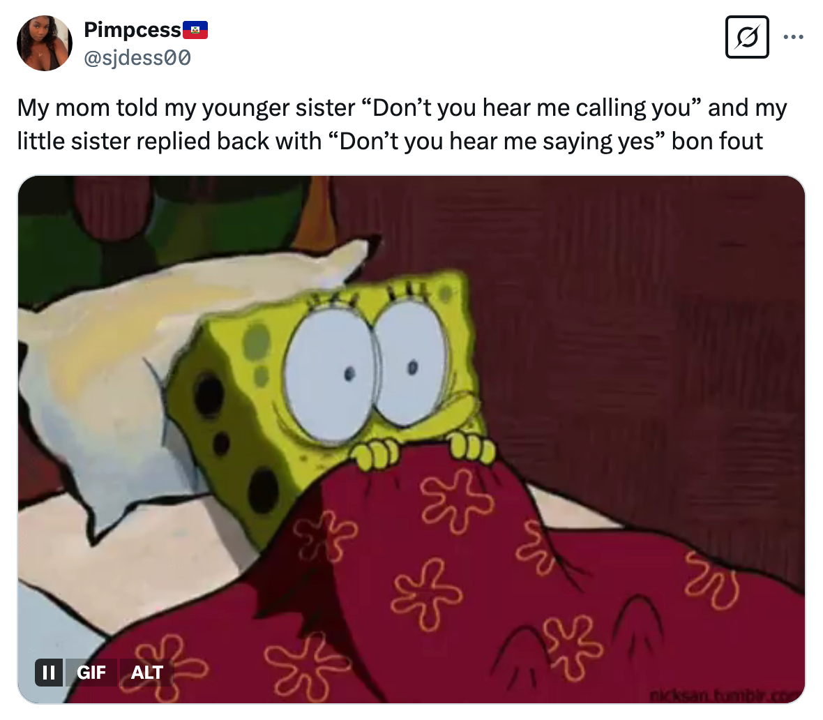 SpongeBob meme showing him looked shocked under a blanket. Tweet joke about a humorous response from a younger sister to their mom