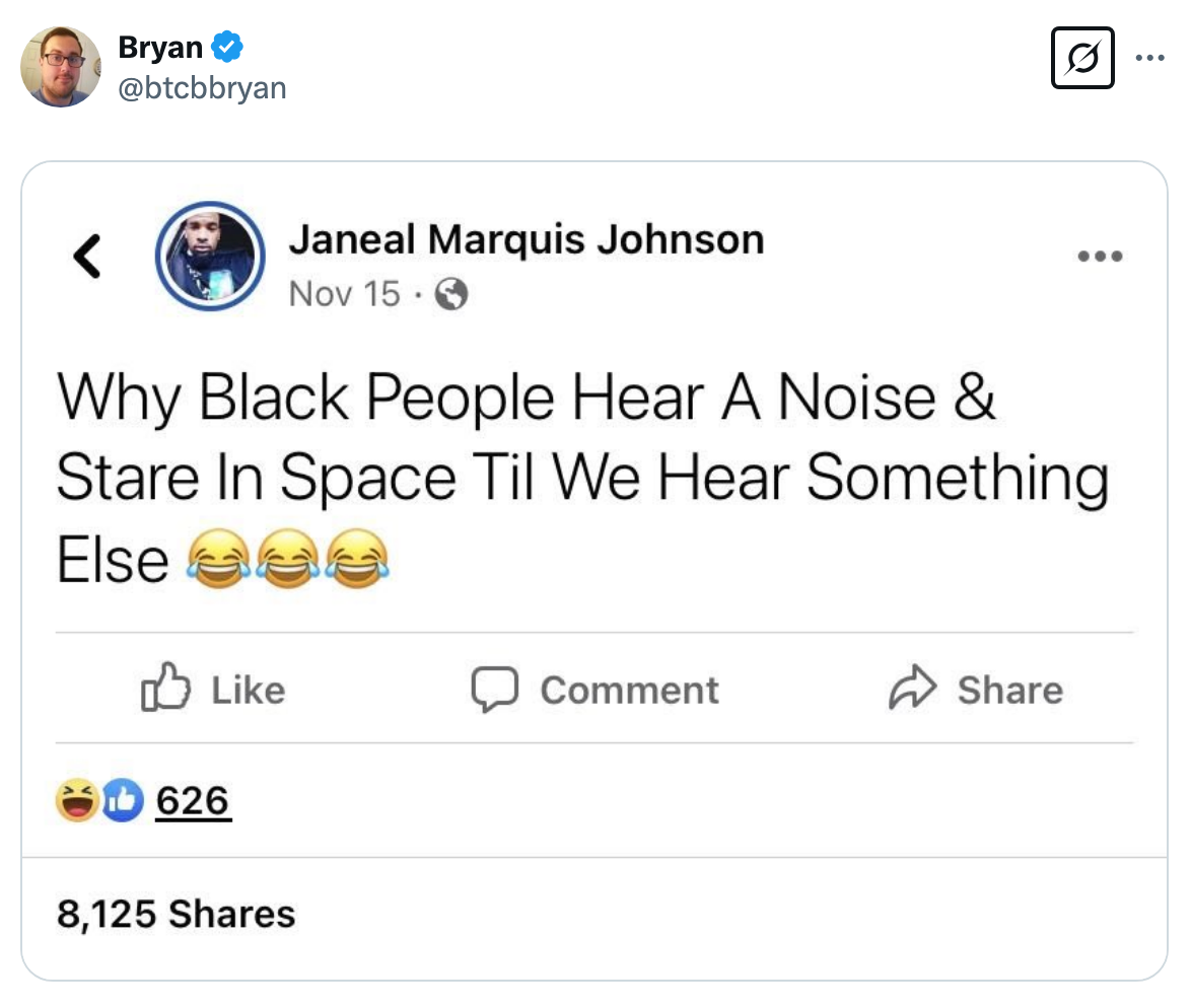 Social media post joking about how people react to odd noises, with 8,125 shares and emojis expressing laughter