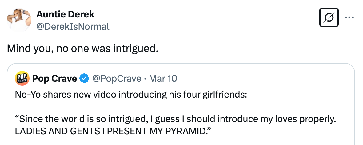 Tweet mocking a pop singer introducing four partners with the line: "Mind you, no one was intrigued."