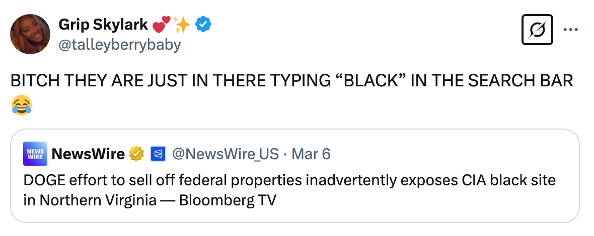 Tweet by Grip Skylark sharing a joke about a news headline revealing a CIA site through a mistaken search term