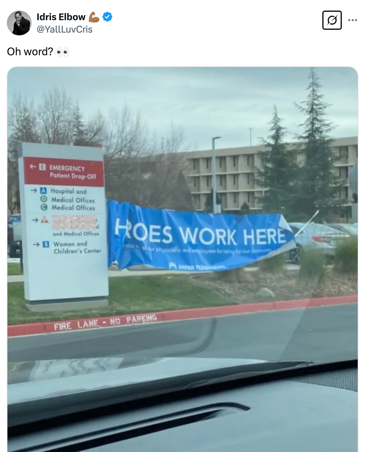 Sign outside hospital reads "Hoes Work Here." It's partly obscured, humorously altering the intended message