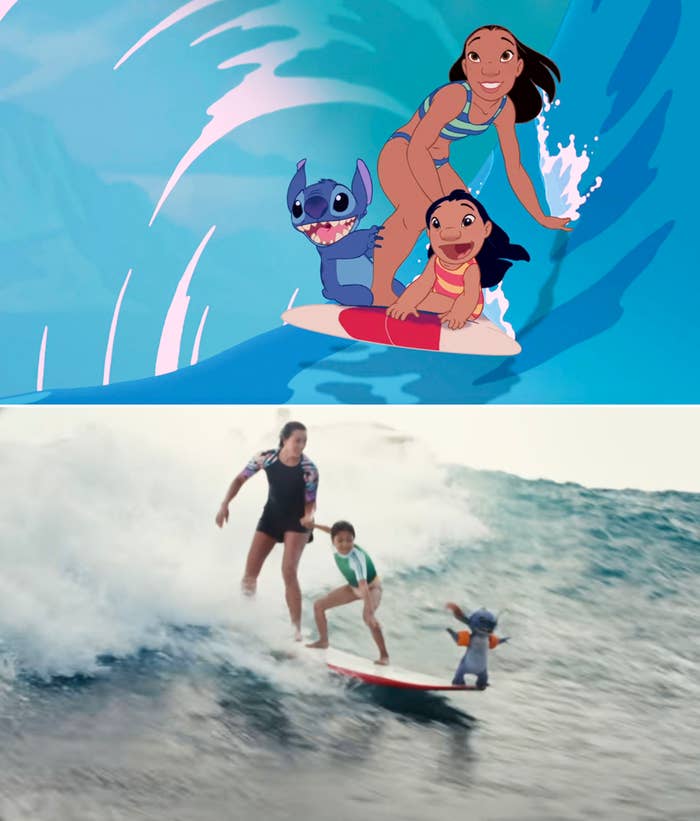 Animated characters Lilo, Stitch, and Nani surfing; below, real-life versions of the characters mimic the scene in the live-action remake