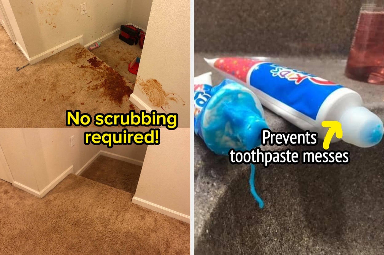 Two images: A spotless wall and floor after a cleaning ad claim. A toothpaste cap preventing mess