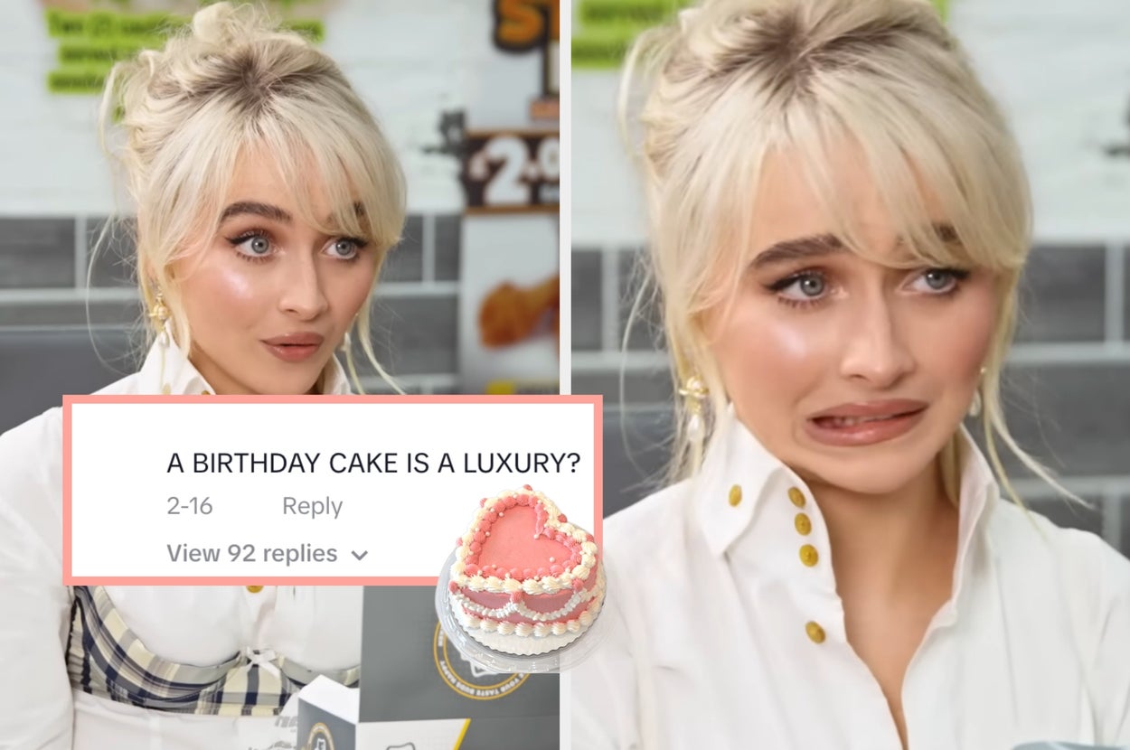 Sabrina Carpenter makes a "yikes" face with a comment overlaid that reads "A BIRTHDAY CAKE IS A LUXURY?" next to a heart-shaped cake