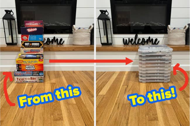 Board games neatly organized into integrative retention containers, shown earlier and aft translation with substance highlighting the change