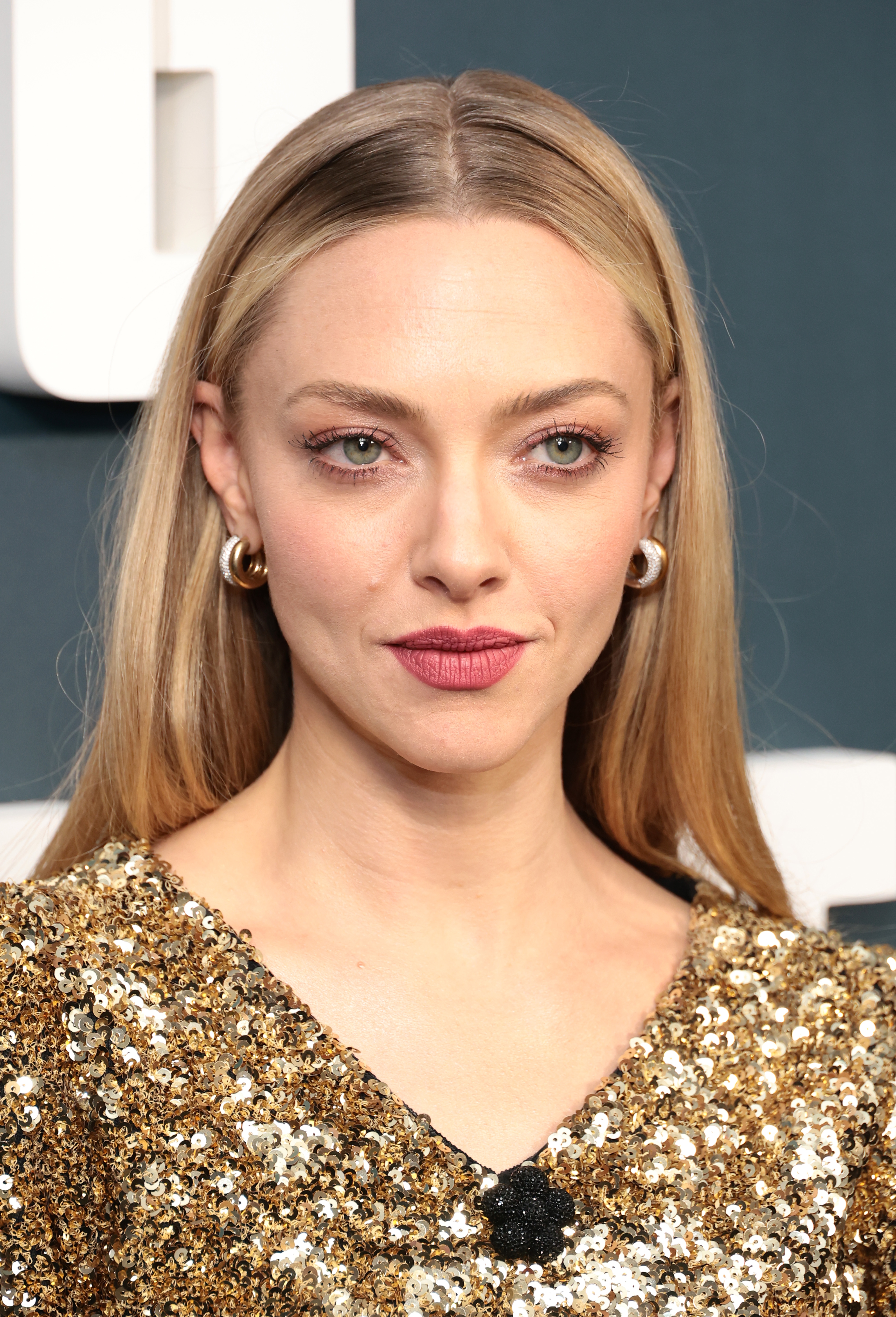 Amanda Seyfried with straight, long hair wearing a sparkly sequin dress, posing in front of a backdrop at an event