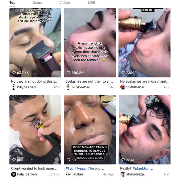 Social media feed showing men getting eyebrow grooming, with captions discussing trends of men seeking more masculine or feminine eyelash styles