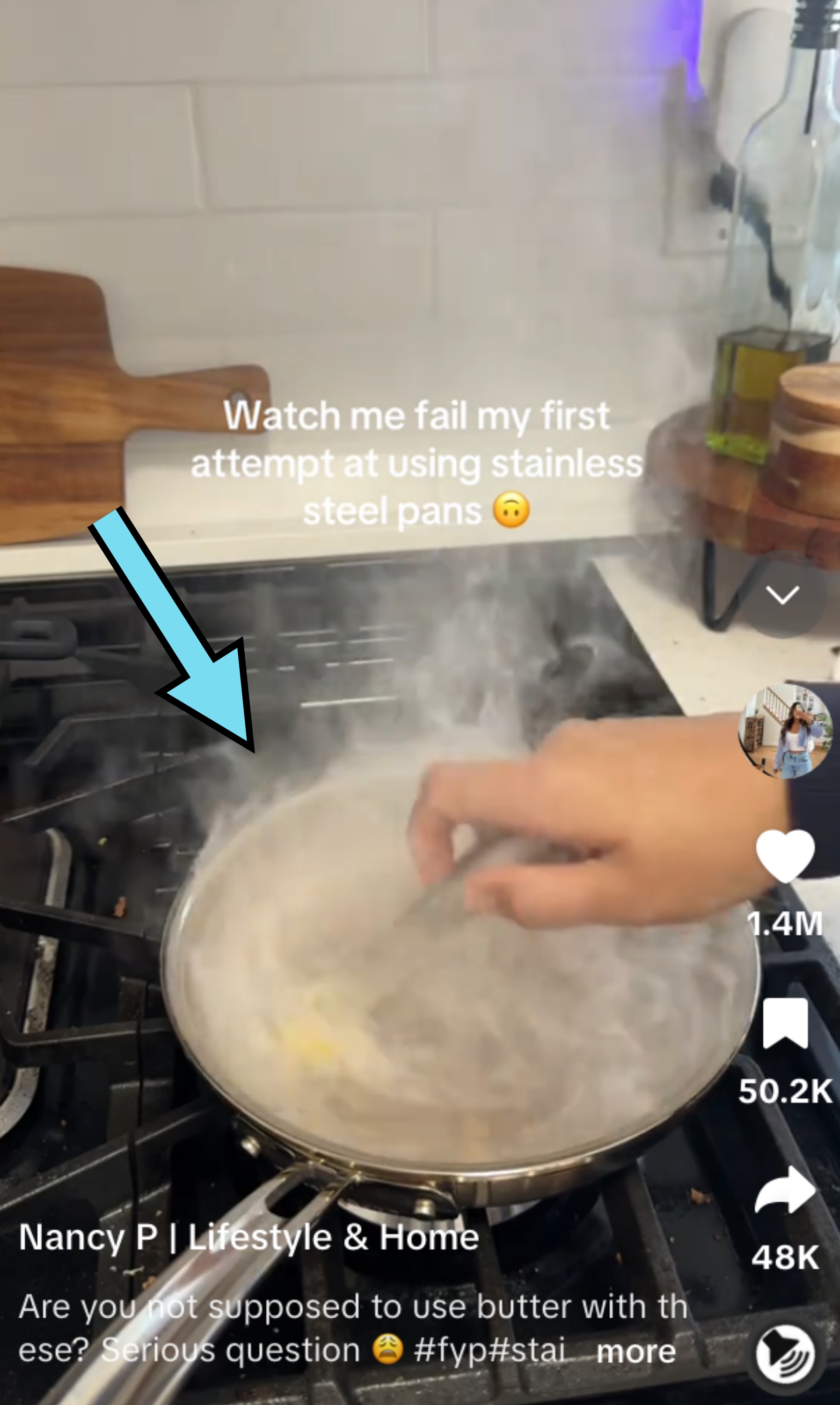 A person stirs a steaming stainless steel pan on a stove, accompanied by text: &quot;Watch me fail my first attempt at using stainless steel pans&quot;