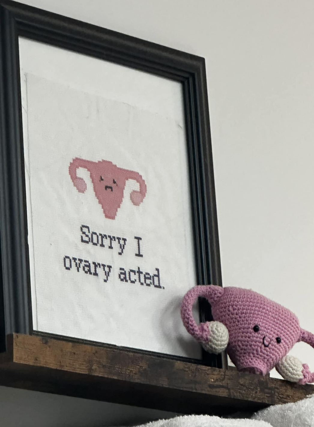 Framed embroidery of a uterus with a smile, text reads "Sorry I ovary acted," next to a crocheted uterus toy on a wooden shelf