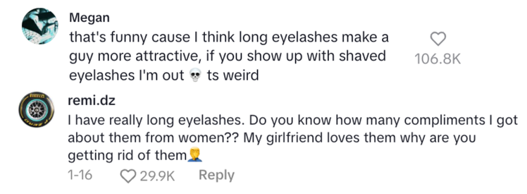 Comments discussing opinions on men&#x27;s eyelashes, with one expressing attraction to long eyelashes and another mentioning compliments received