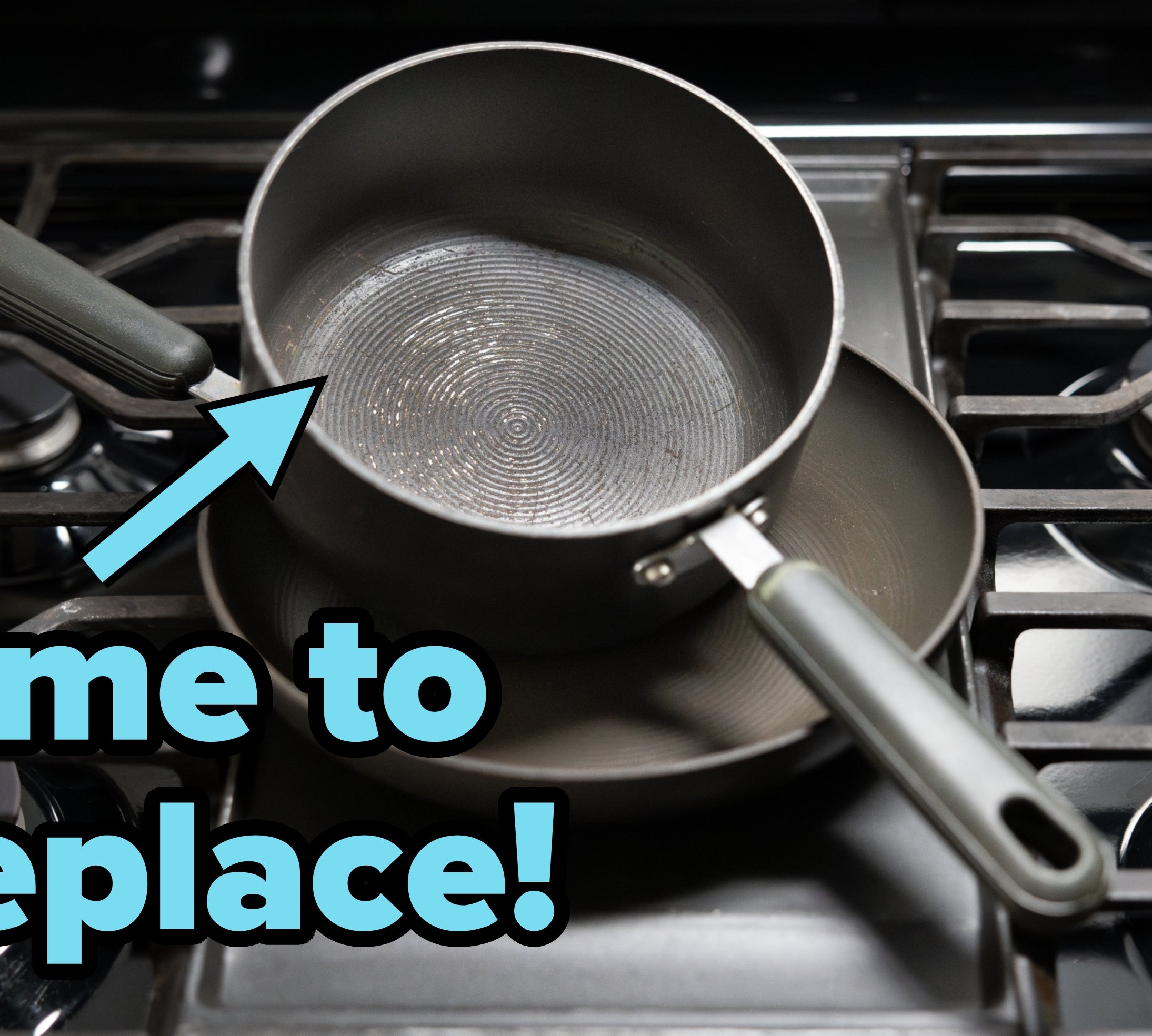 Two frying pans with handles, one stacked inside the other, on a stove&#x27;s burner