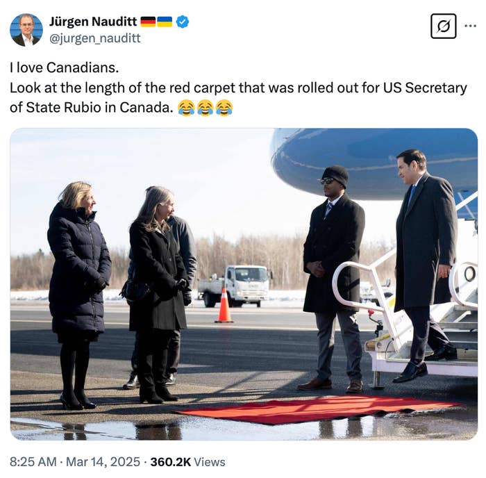 People standing on a red carpet beside an airplane. The text jokes about it being for the US Secretary of State in Canada