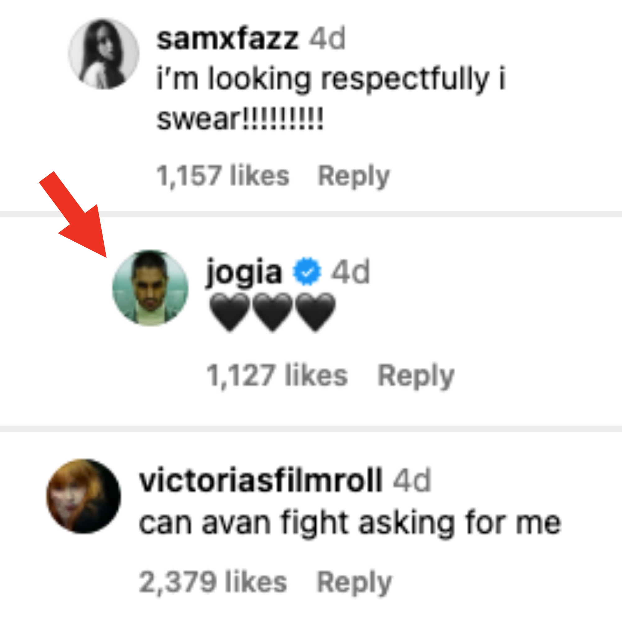 Social media posts that say i&#x27;m looking respectfully i swear, hearts from avan jogia, and can avan fight asking for me