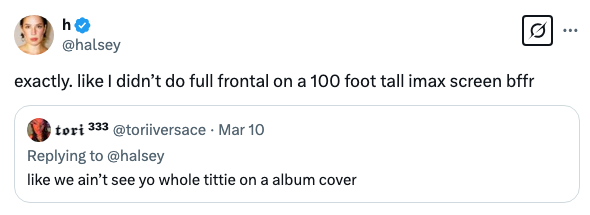 Halsey&#x27;s tweet humorously responds to a comment about her album cover&#x27;s revealing nature, referencing a past bold artistic choice
