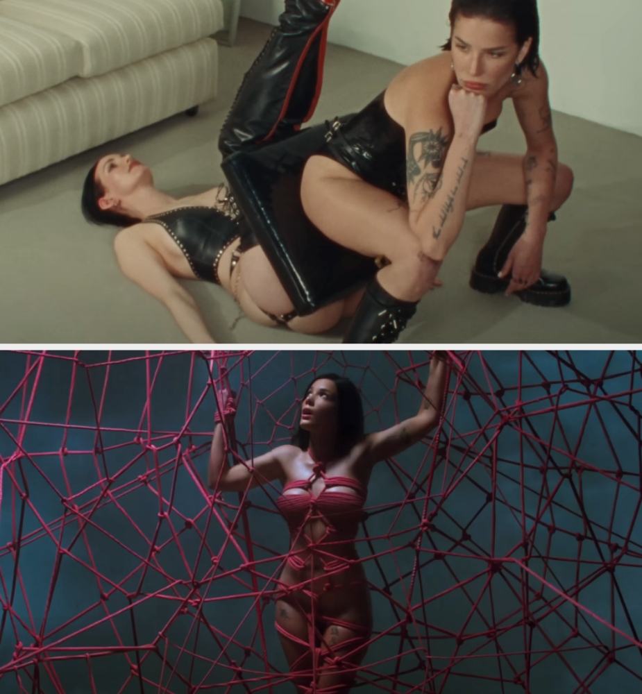 halsey music videos one in leather attire, the other in lingerie, entangled in intricate red cord