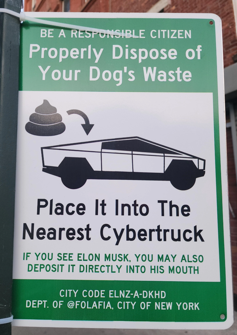 Parody street sign advises placing dog waste in the nearest Cybertruck as a humorous nod to responsible pet ownership