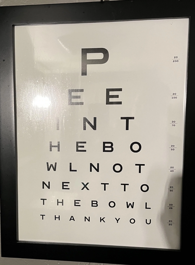Humorous eye chart reads, &quot;Pee in the bowl, not next to the bowl. Thank you.&quot;