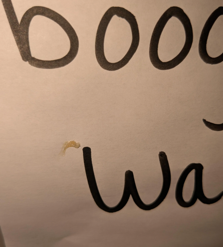 Partial close-up of handwritten substance   showing "booo" and "wai" connected  paper