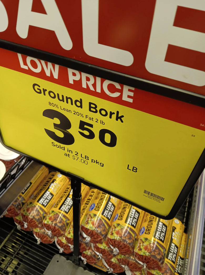 Supermarket sign showing &quot;Sale: Ground Bork, 80% lean, 20% fat, 2 lb, $3.50,&quot; shelves below stocked with packaged ground bork