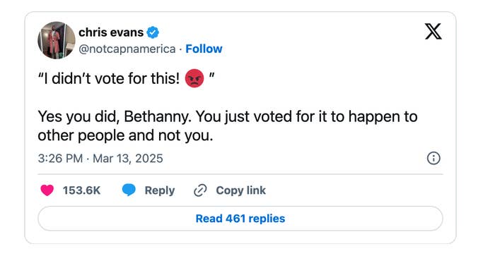 Social media post by user @notcapnamerica quoting a tweet: &quot;I didn’t vote for this! ?&quot; with a reply saying, &quot;Yes you did, Bethanny...&quot;