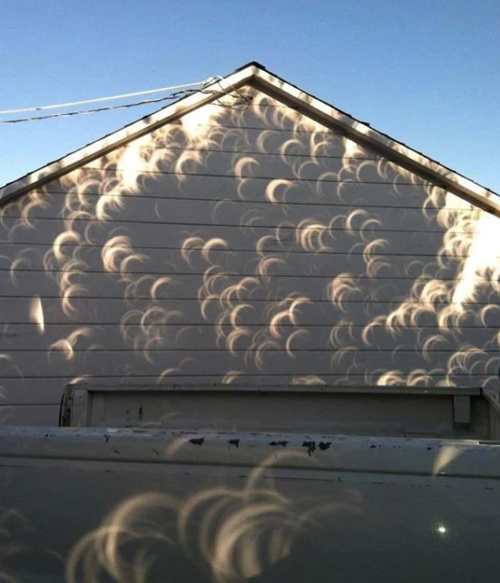 Eclipse crescents are projected onto a house&#x27;s siding by tree-filtered sunlight