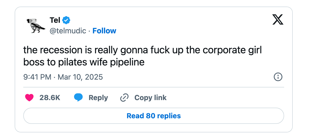 Tweet joking about a recession affecting the transition from corporate employee to Pilates enthusiast