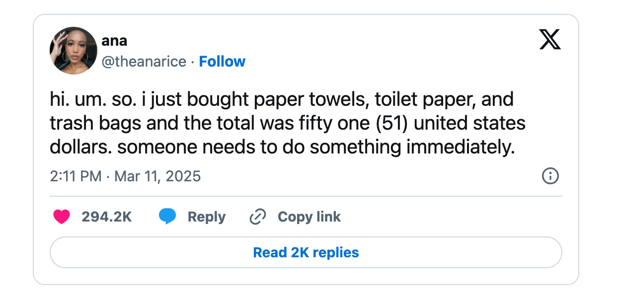 Social media post: User shares frustration about spending $51 on paper towels, toilet paper, and trash bags, calling for immediate action