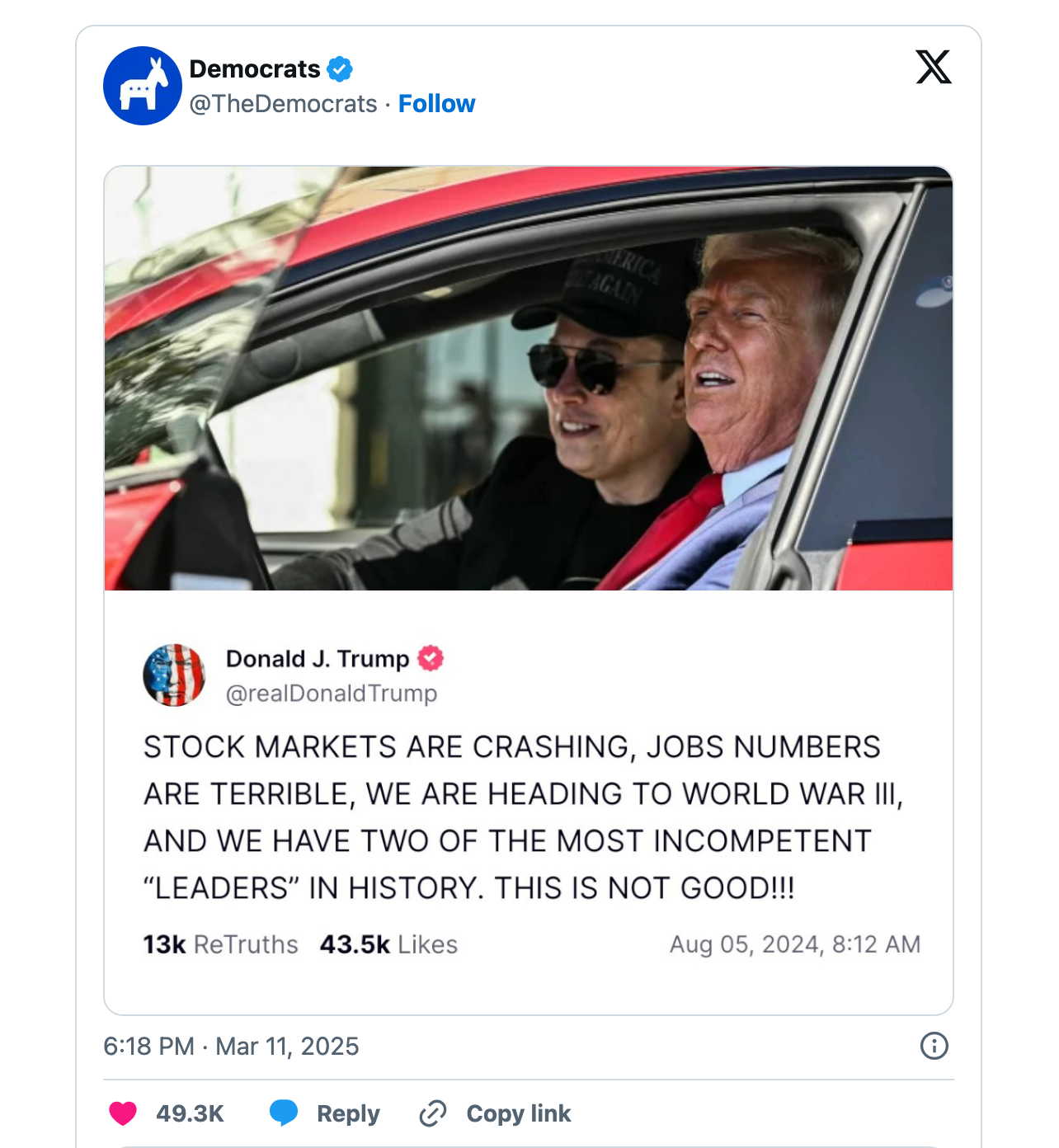 A tweet falsely attributed to Trump claims stock market issues and leadership incompetence. Image from @TheDemocrats shared on Truth Social copy