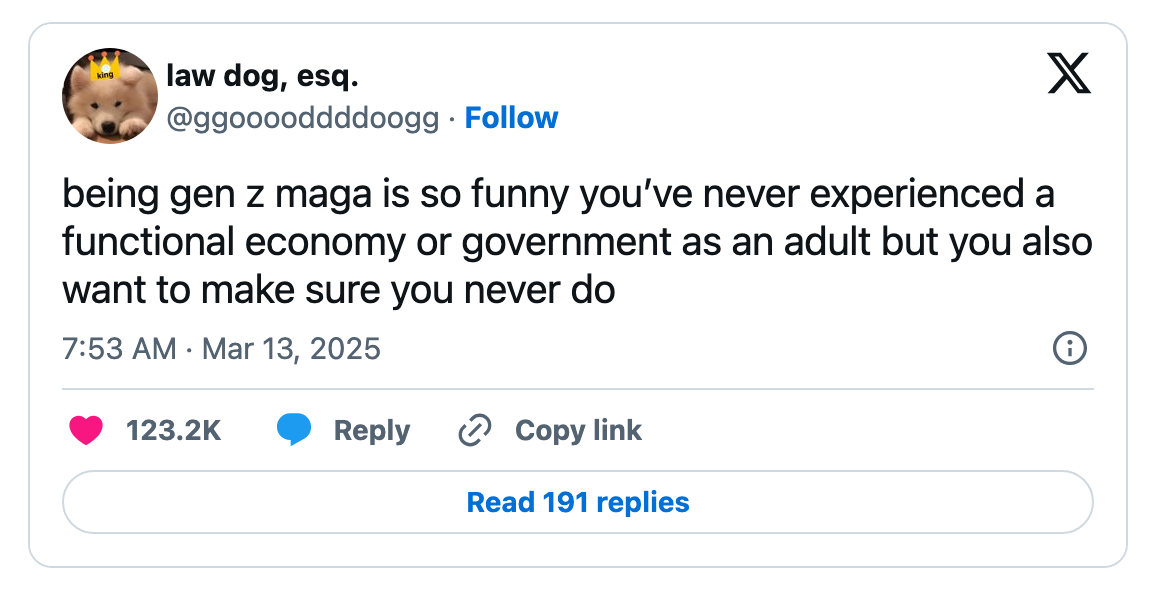 Tweet by user law dog, esq. humorously criticizes Gen Z&#x27;s interest in MAGA by highlighting their lack of adult experiences in functional economy or government