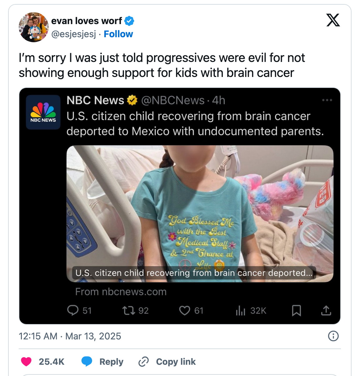 Tweet from user discussing lack of support for children with brain cancer, referencing a news story about a U.S. child sent to Mexico after surgery