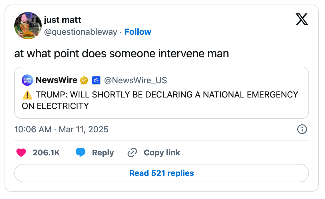 Screenshot of a tweet questioning intervention, quoting another about a national emergency on electricity
