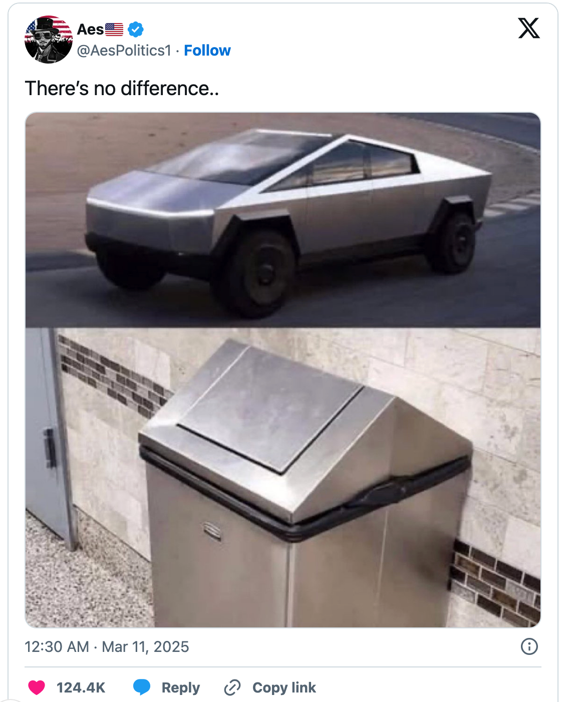 Two images comparing a futuristic vehicle with a metal trash bin, suggesting humorous similarity in design