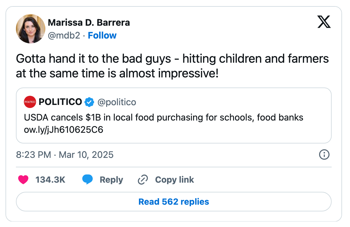 Screenshot of a tweet by Marissa Barrera criticizing a USDA decision to cancel $1B in local food purchases for schools and food banks