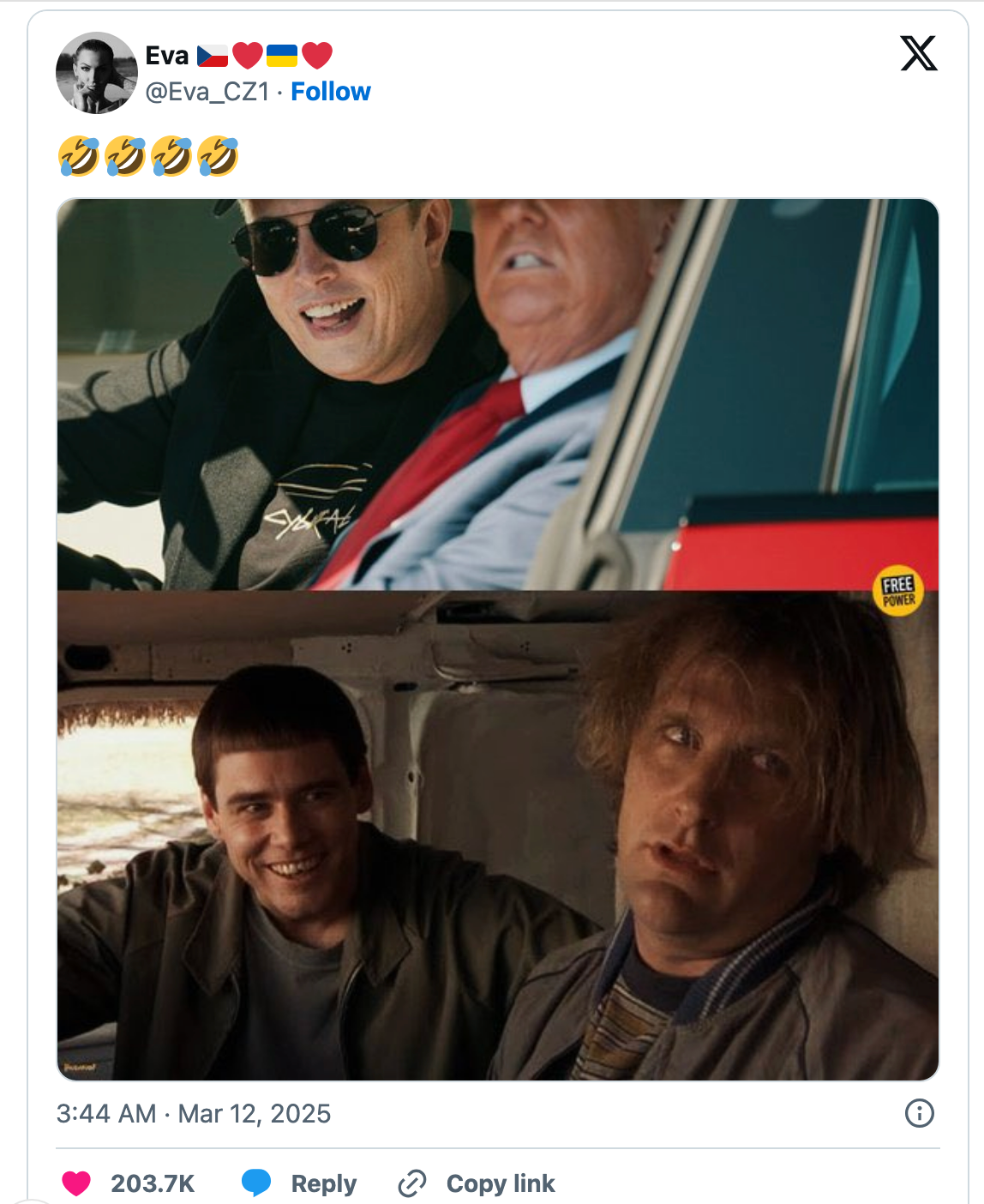 Two film stills: Top shows a smiling man wearing sunglasses in a car. Bottom shows two men, one smiling and one with a confused expression