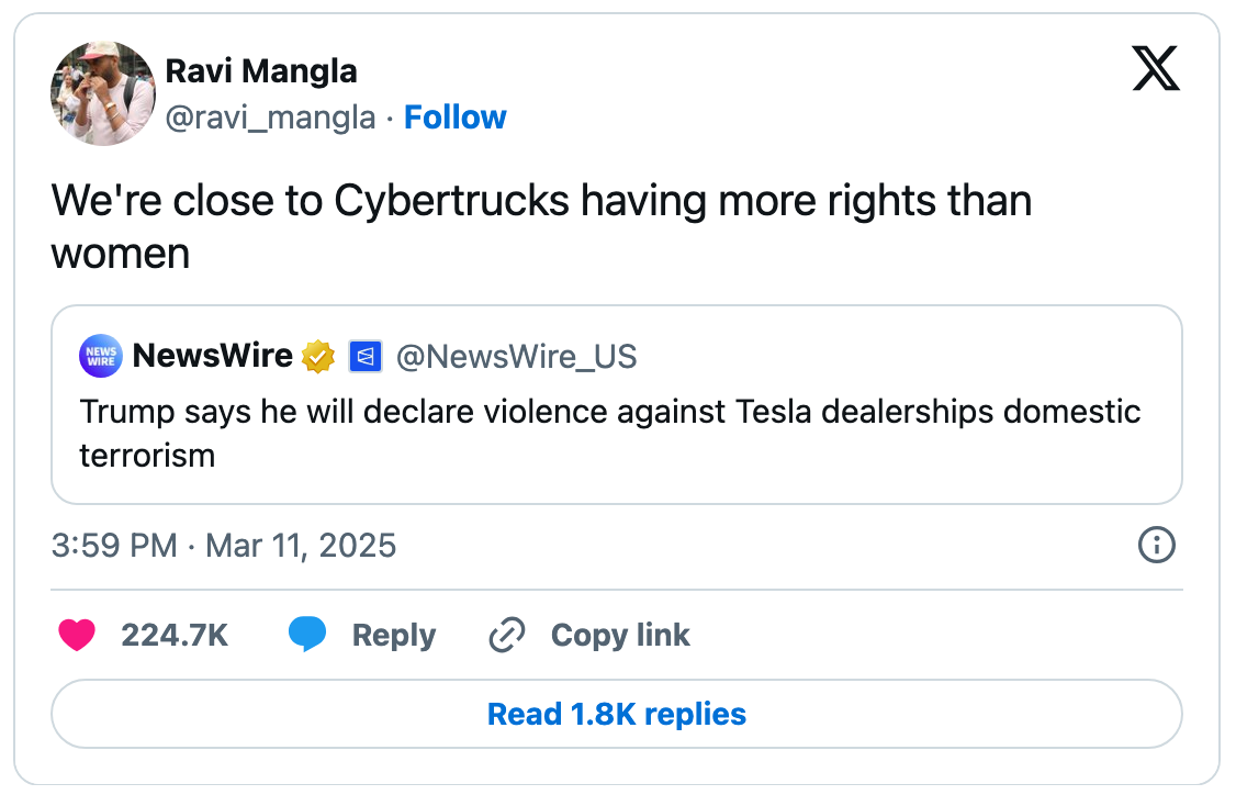 Tweet by Ravi Mangla joking about Cybertrucks having more rights than women, alongside a news headline about Trump&#x27;s stance on Tesla dealership violence
