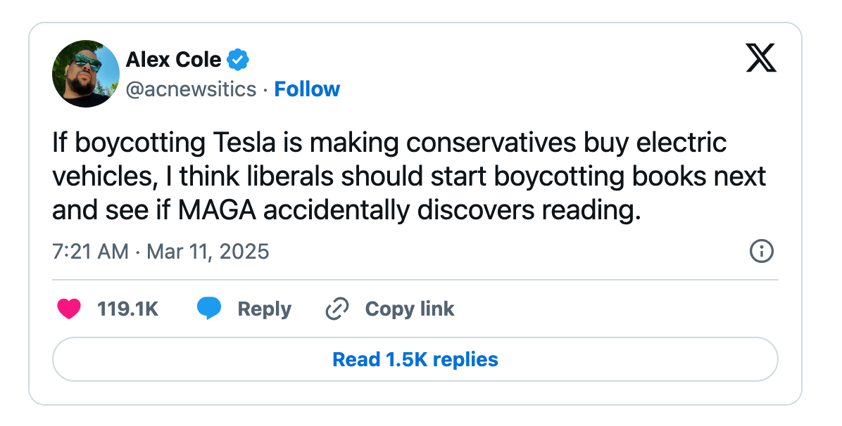 Tweet by Alex Cole suggests liberals boycott books to inspire MAGA to start reading, comparing it to conservatives buying electric vehicles