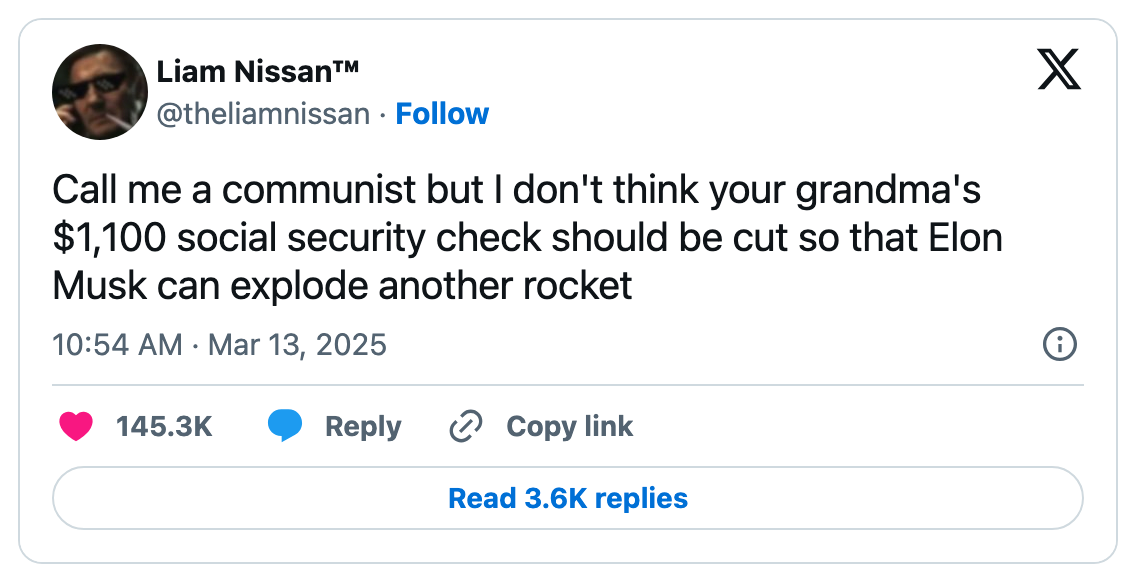 Tweet by Liam Nissan criticizing budget cuts to social security in favor of funding rockets, humorously self-labeling as a communist