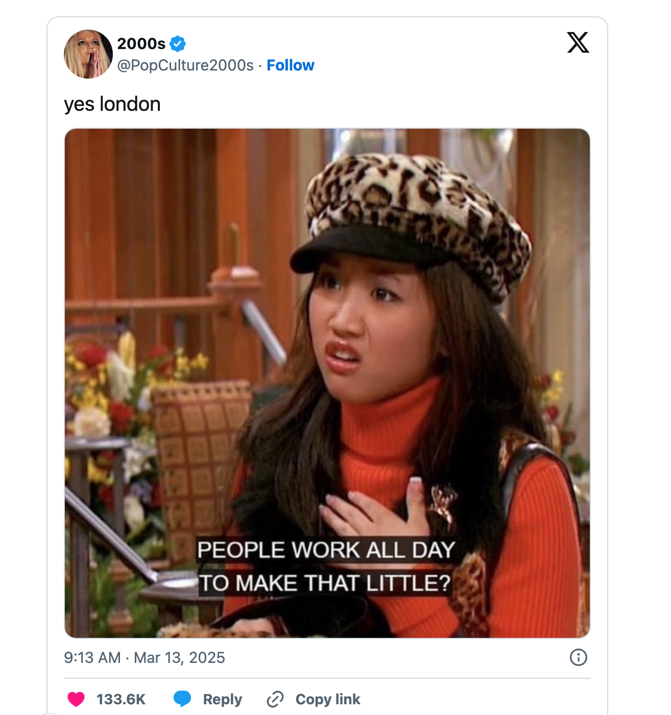 A person wearing a leopard-print hat and red top looks shocked, with a caption reading, &quot;PEOPLE WORK ALL DAY TO MAKE THAT LITTLE?&quot;