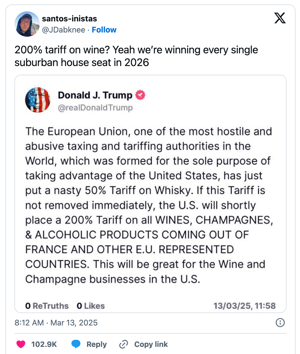Screenshot of a tweet by Donald J. Trump discussing tariffs on wine and champagne by the European Union, effective in 2026