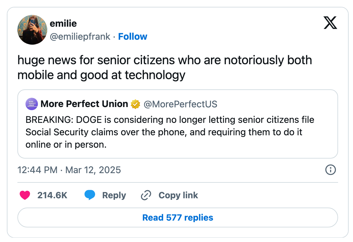 Tweet joking about tech-savvy seniors: Social Security claims may require online filing, removing phone options for seniors