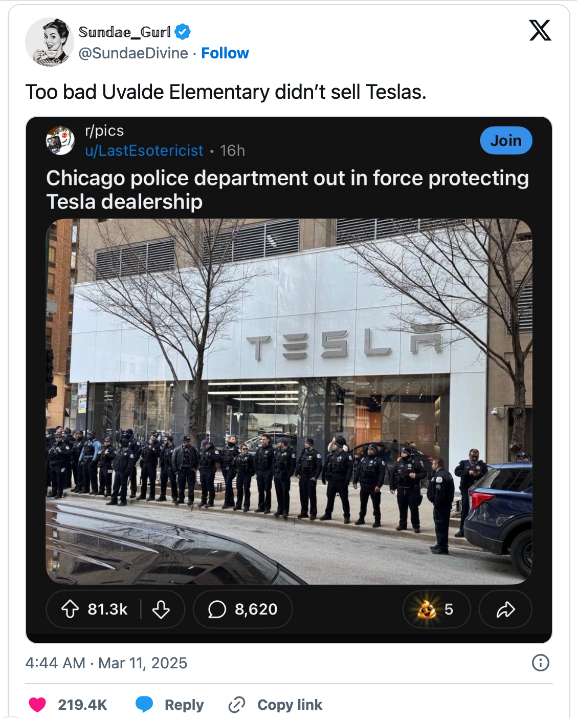 Tweet about police presence at a Tesla dealership, contrasting the lack of such response at Uvalde Elementary