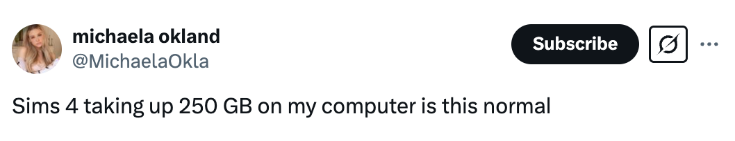 Tweet av Michaela Okland Spør om Sims 4 ved bruk av 250 GB er normalt